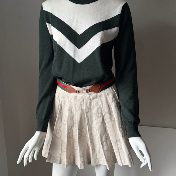GG  pleated mini Skirt /skort NEW! 28”waist off white red/green belt - Picture 6 of 16